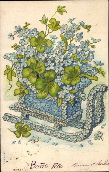 Embossed Postcard sleigh from forget-me-not, clover leaves