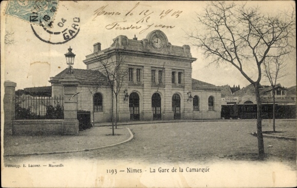 Postcard Nîmes Gard, La Gare de la Camargue train station, historical architecture, clear view, trees, ...