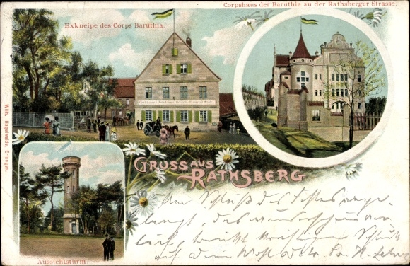 Studentika Ak Rathsberg Marloffstein in Midden-Franken Beieren, Corpshaus der Baruthia, uitkijktoren