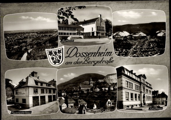 Postcard Dossenheim an der Bergstraße Baden, aerial photograph, town hall, fire station