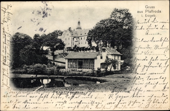Ak Schönfeld Pfaffroda Erzgebirge, Blick auf das Schloss, Teich, Haus