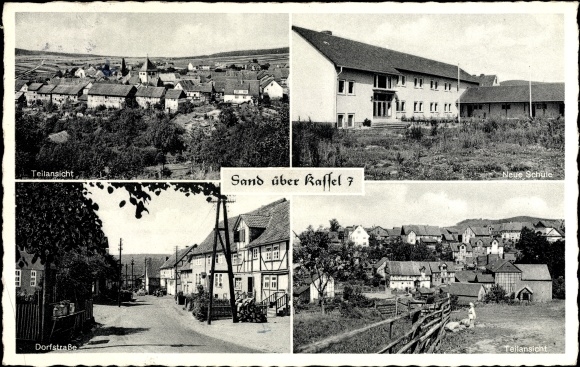 Postcard Sand Bad Emstal in Hesse, Dorfstrasse, New School, partial views