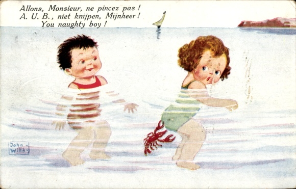 Artist Postcard Wills, John, Bathing Children, Lobster