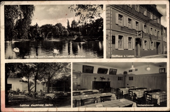 KP Veitshöchheim w Dolnej Frankonii, ogród na dziedzińcu, jezioro, elementy wodne, Gasthaus zum Lamm