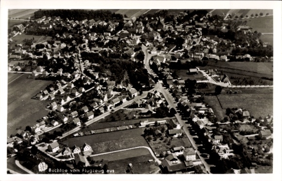 Postcard Buchloe in Allgäu, aerial view of houses, streets, green fields, clouds