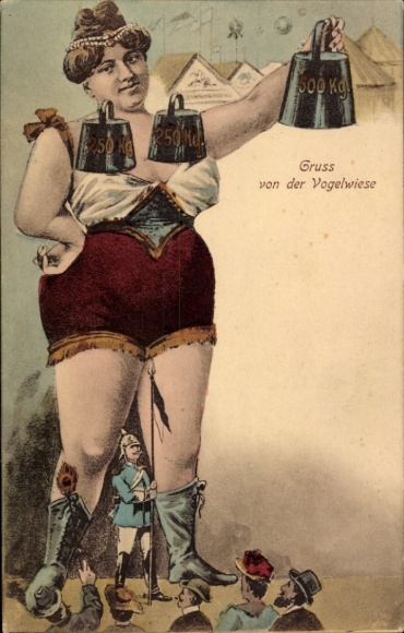 Postcard Dresden Altstadt Johannstadt, Vogelwiese fairground, giant woman, weightlifter