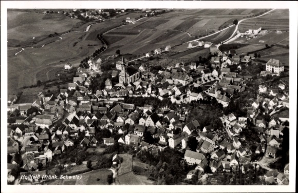 Postcard Hollfeld in Franconian Switzerland, aerial view of church, many houses, rural surroundings