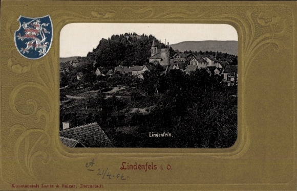 Embossed Postcard Lindenfels in the Odenwald, general view, coat of arms