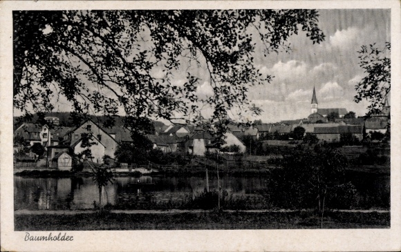 Ak Baumholder in de wijk Birkenfeld, deel van het meer met uitzicht op het dorp