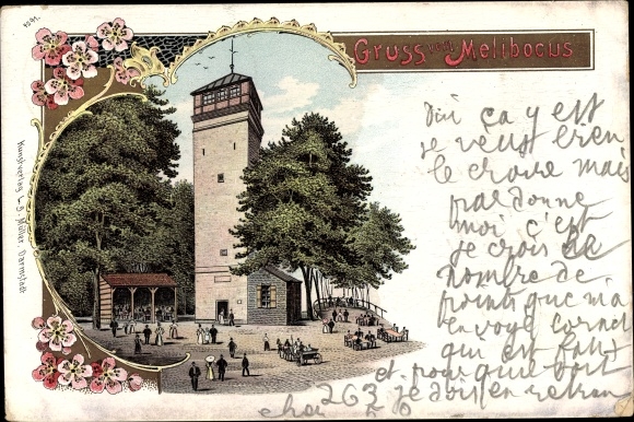 Chromo-Litho Zwingenberg ad Bergstrasse Hessen, Melibocus, observation tower