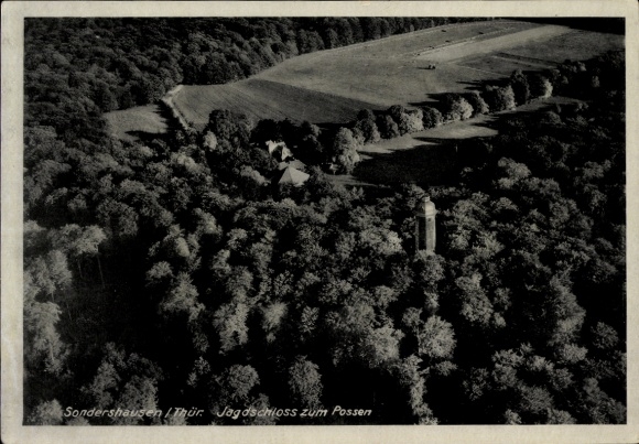 Postcard Sondershausen in the Kyffhäuserkreis Thuringia, aerial photograph, hunting lodge zum Possen, forest, beech trees