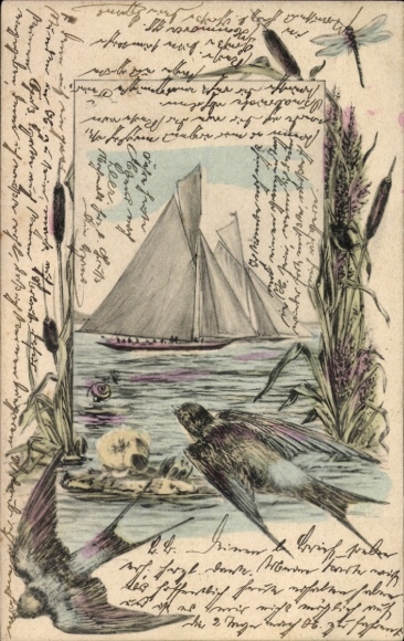 Chromo-Litho sailing boats, swallows, dragonfly
