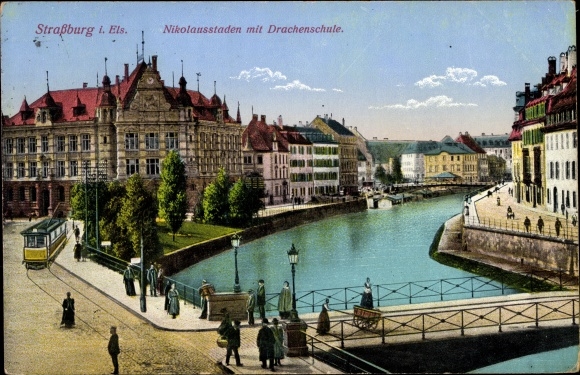 Postcard Strasbourg Strasbourg Alsace Bas Rhin, Nikolausstaden and Drachenschule, tram