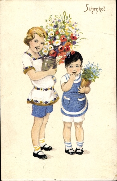 Artist PC Schenkel, Franziska, children with flowers, bouquet, flower pot, congratulations, gift
