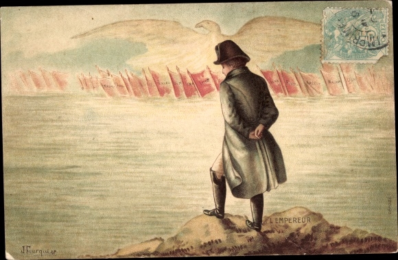 Artist PC Fourquier, Napoleon Bonaparte, eagle, flags with battles, Austerlitz, Wagram, Waterloo