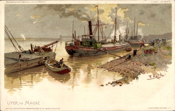 Artist Chromo-Litho Reiss, Mainz in Rhineland Palatinate, river bank, ship and boats