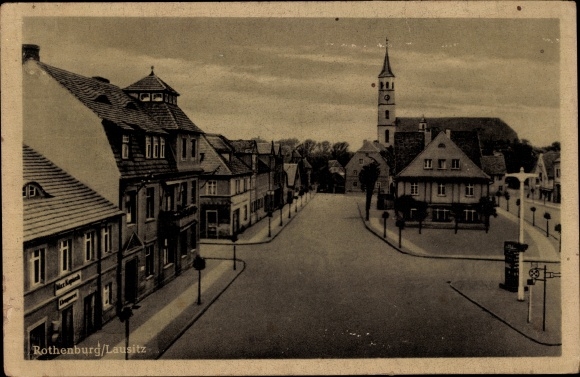 PC Rothenburg in Oberlausitz, street section with church, business buildings, plumbing Max Kapisch