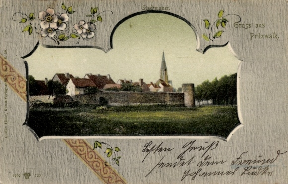 Postcard Pritzwalk in the Prignitz, city view, floral decoration, greetings from Pritzwalk
