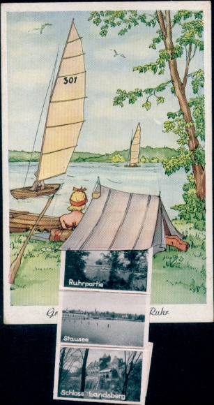 Leporello Postcard Ratingen North Rhine Westphalia, Landsberg Castle, Reservoir, Ruhr