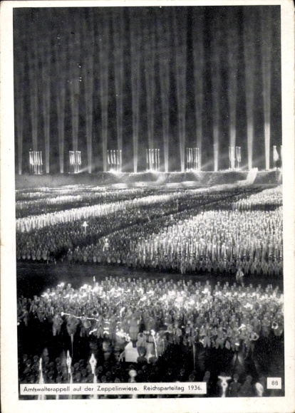 Postcard Nuremberg, Reich Party Rally 1936, official roll call on the Zeppelinwiese at night, light dome