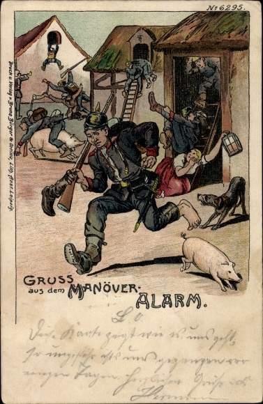 Chromo-Litho Alarm, German soldiers plunder pigsty, salute from the maneuvers