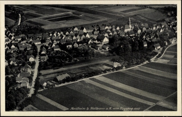 Postcard Nordheim am Neckar, aerial view of Nordheim, church visible, rice fields, swastika