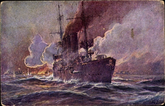 Artist Postcard Stöwer, Willy, SMS Emden bombards Madras, cruiser, Imperial Navy, I. WK