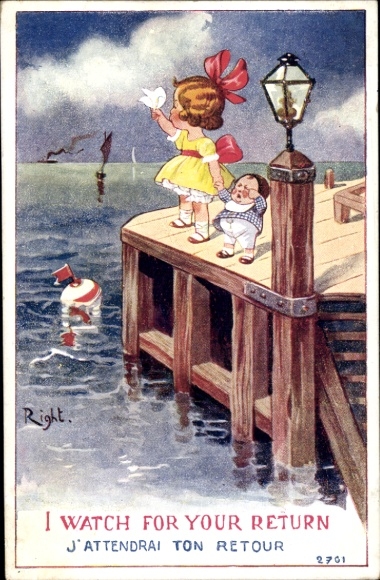 Artist Postcard Right, girl waving goodbye, crying boy