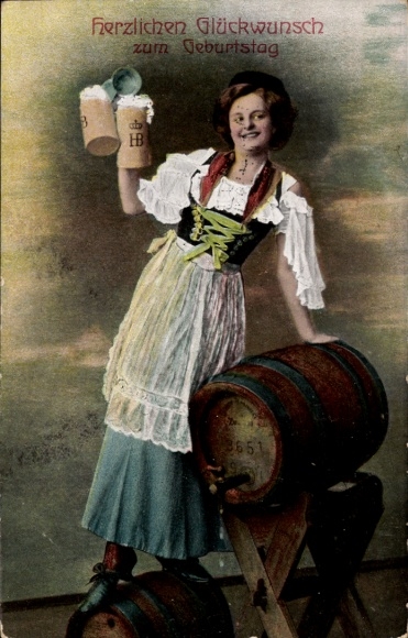 Postcard birthday greetings, innkeeper at the beer barrel