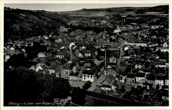 Postcard Merzig on the Saar, aerial photograph from black and white, cityscape, industry in the background