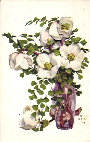 Postcard Paris I Louvre, GI BERT, illustration of white magnolias in a vase