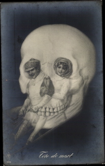 Postcard Skull, Metamorphosis, Couple on a Sledge