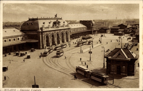 Ansichtkaart Milano Milaan Lombardia, treinstation, trams