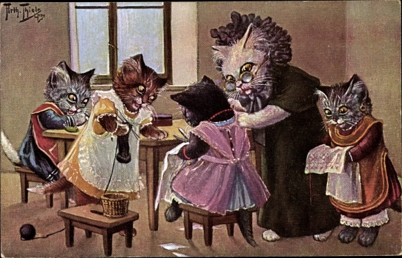 Artist Postcard Thiele, Arthur, humanized cats, sew, knit, embroider, grandmother