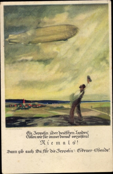 Kunstenaarskaart Amtberg, Otto, Zeppelin Eckener donatie, zwaaiende man, luchtschip