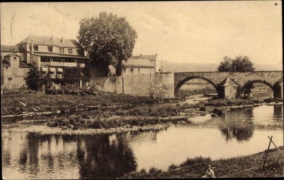 Postcard Echternacherbrück in Rhineland-Palatinate, Hotel Bitburger Hof, canoe station, bridge