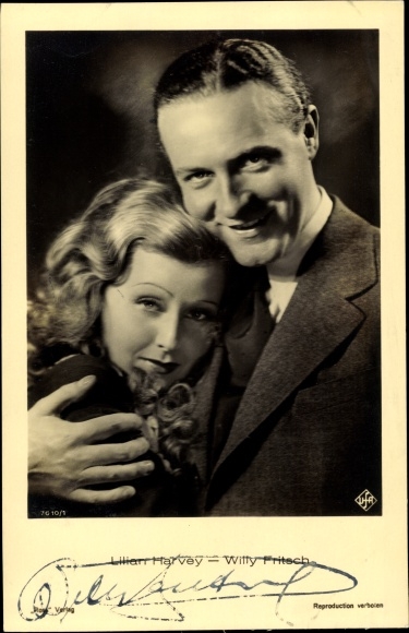 Postcard actress Lilian Harvey, actor Willy Fritsch, portrait, Ufa Film, autograph WF