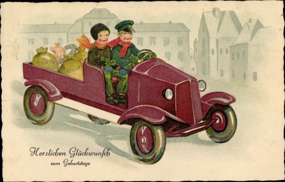 Postcard happy birthday, car, children, money bags