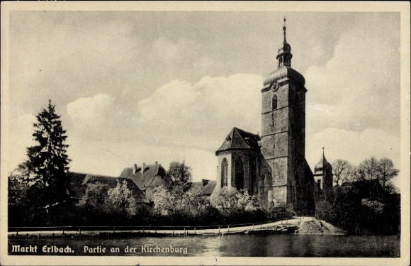 Ak Erlbach (bei Rochlitz) Colditz in Sachsen, Kirchenburg, Wasserlauf, Bäume, Wolken, Historische