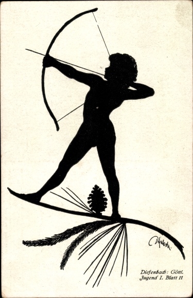 Papercut artist ansichtkaart Diefenbach, goddelijke jeugd 1, deel 11, boogschutter