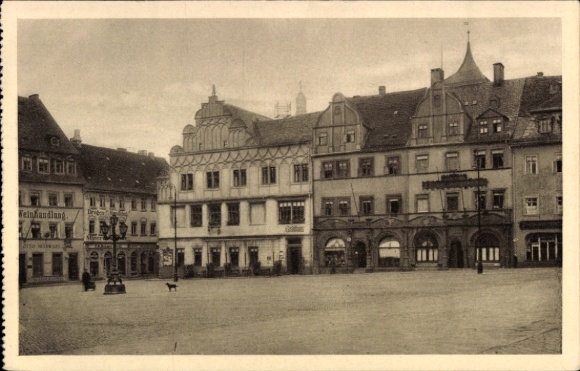 Ak Weimar in Thüringen, Marktplatz  Lucas-Cranach-Haus, Weinhandlung, Hund