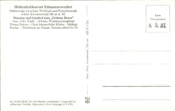 Postcard Ettmannsweiler Simmersfeld in the Black Forest, aerial view of the Black Forest, Green Tree, Hotels