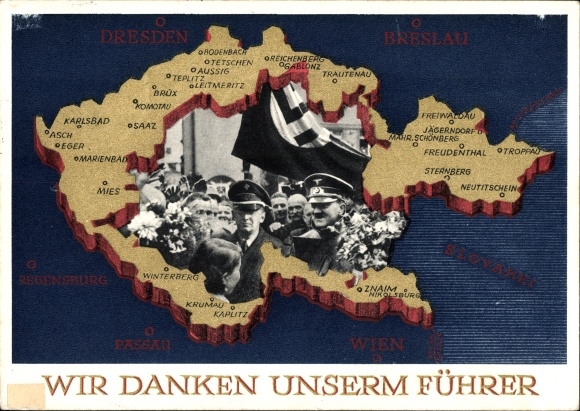 Postal stationery Postcard We thank our leader, Sudetenland, Bohemia, Moravia, Hitler