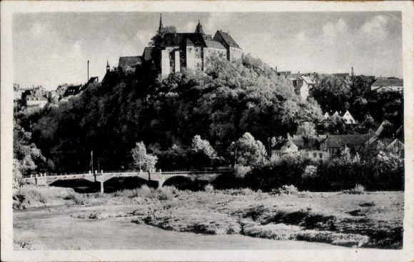 Ak Leisnig an der Freiburger Mulde Sachsen, Blick zum Schloss, Brücke