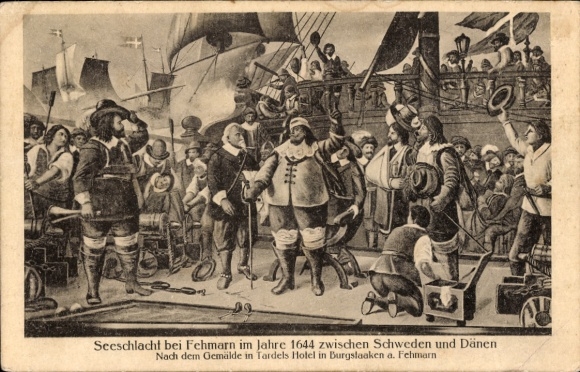 Postcard Island of Fehmarn, sea battle 1644, Sweden, Danes, painting in Tardels Hotel Burgstaaken