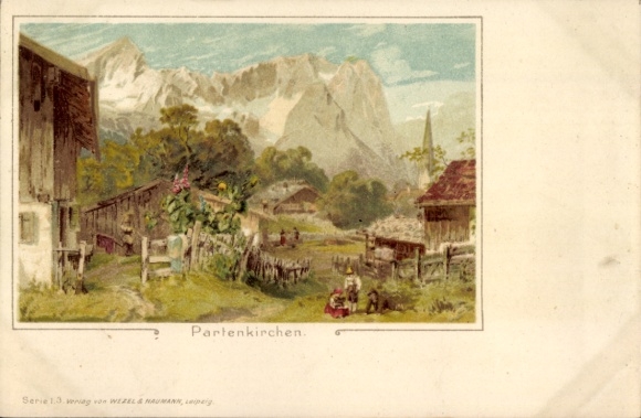 Chromo-Litho Garmisch Partenkirchen in Upper Bavaria, farmstead, mountain area