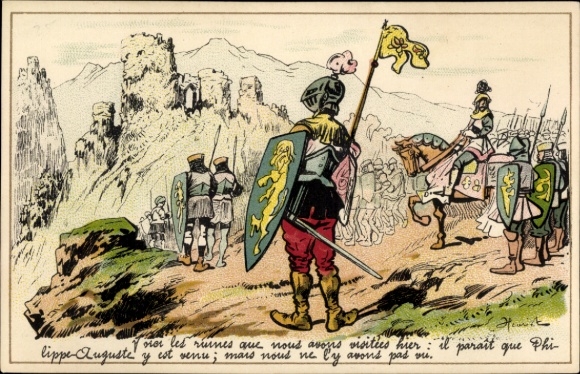 Künstler Ak Henriot, Ritter, Rüstungen, Reiter, Burgruine