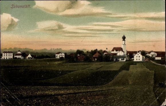 PC Schonstett in Oberbayern, view from the field to the village, church