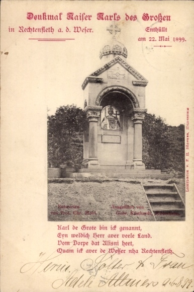 Postcard Rechtenfleth on the Weser Hagen in Bremen, monument to Emperor Charlemagne