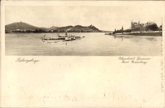 Postcard Bad Honnef am Rhein, Siebengebirge, Rheinhotel Presen, steamship on the Rhine, landscape